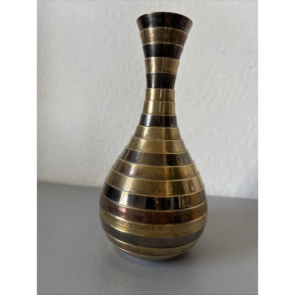 Vintage MCM Brass Copper Striped Vase 9